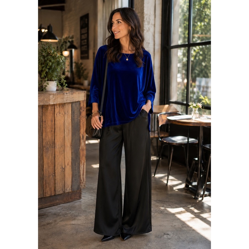 Bechamel Royal Blue Velvet Tunic Top Side Slits Stretch Large